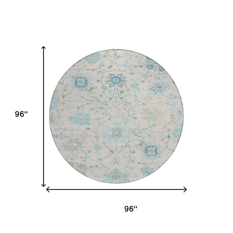 Round area rug size diagram: 96-inch wide blue-and-ivory floral vine pattern