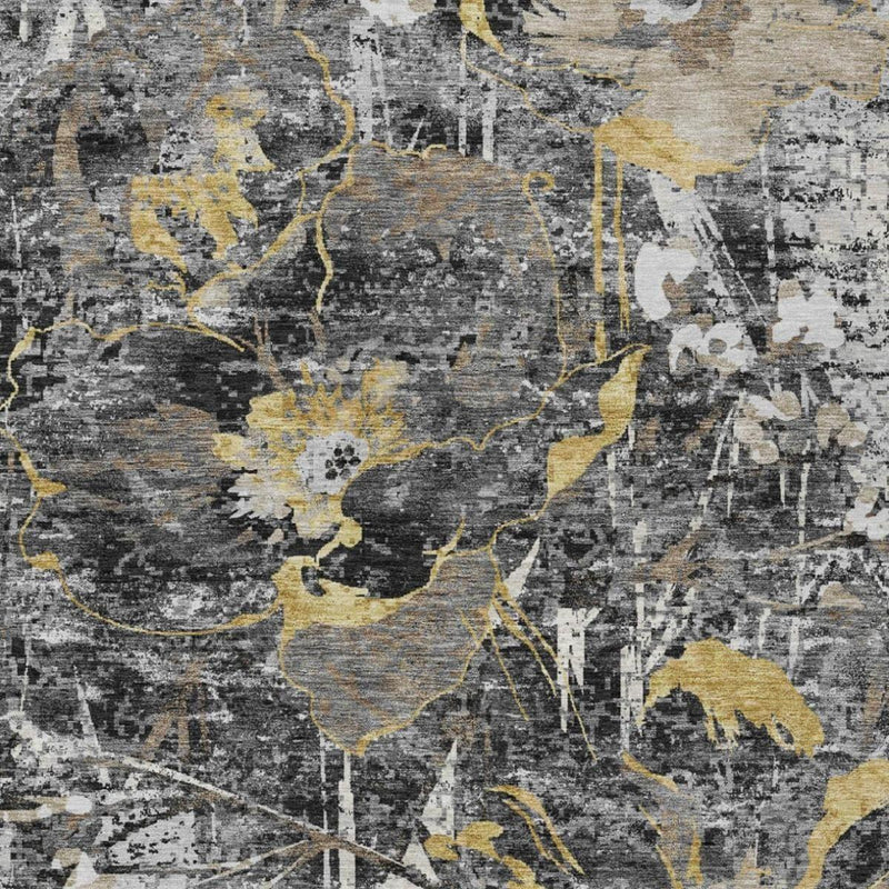 Abstract floral area rug close-up with charcoal, off-white, and gold linework accents