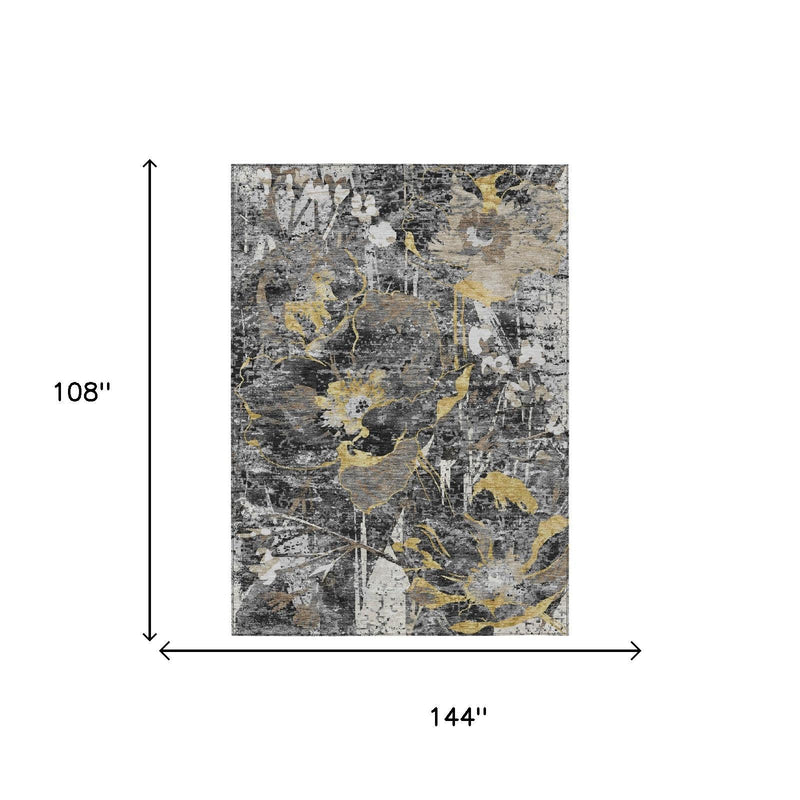 9 ft x 12 ft abstract area rug dimensions; charcoal with gold and light accents