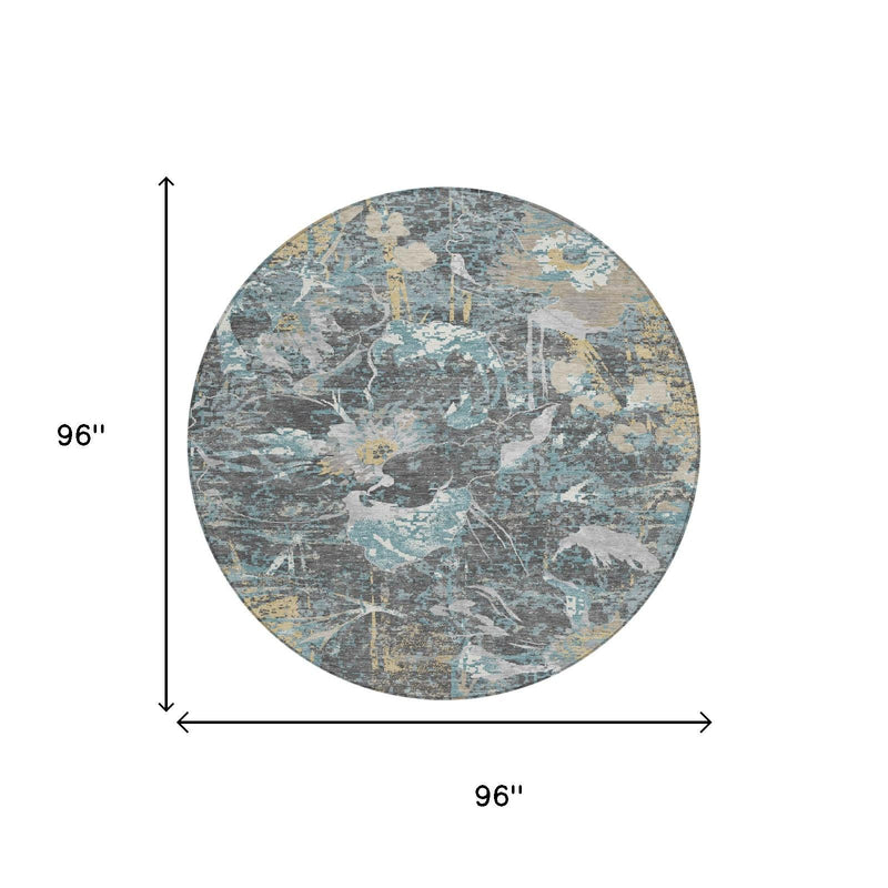 Round rug shown with dimensions 96 in by 96 in; abstract floral pattern in blue and gray