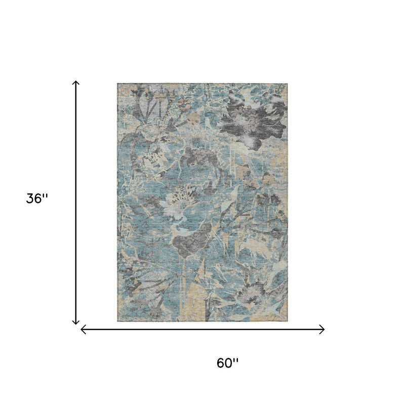 Teal blue floral area rug, 60 in x 36 in, silver abstract distressed pattern