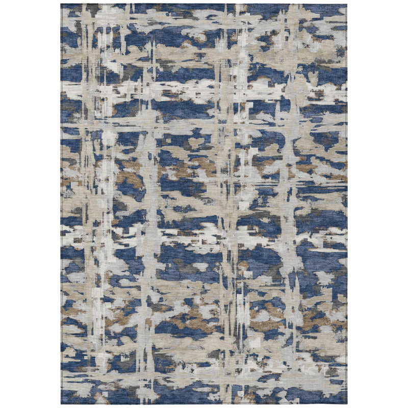 Rectangular abstract area rug with blue and cream distressed grid pattern