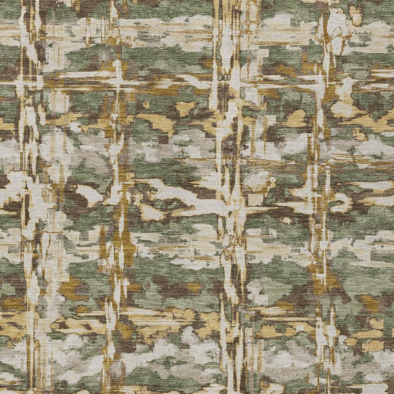 Olive green abstract area rug with cream and gold distressed streaks and blocks.