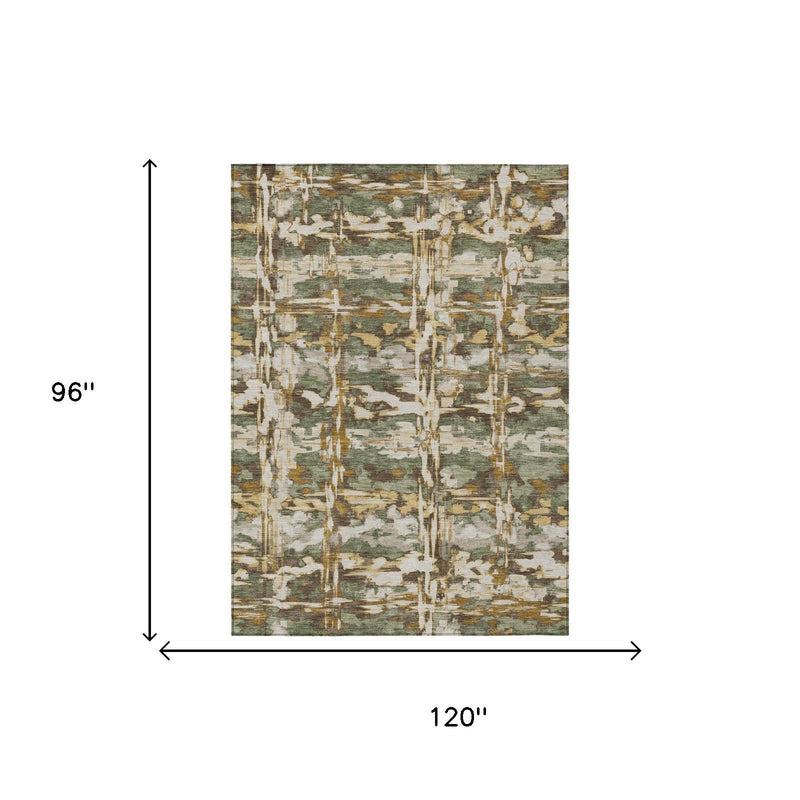 Rectangular area rug, 96 in x 120 in, olive green abstract distressed pattern.