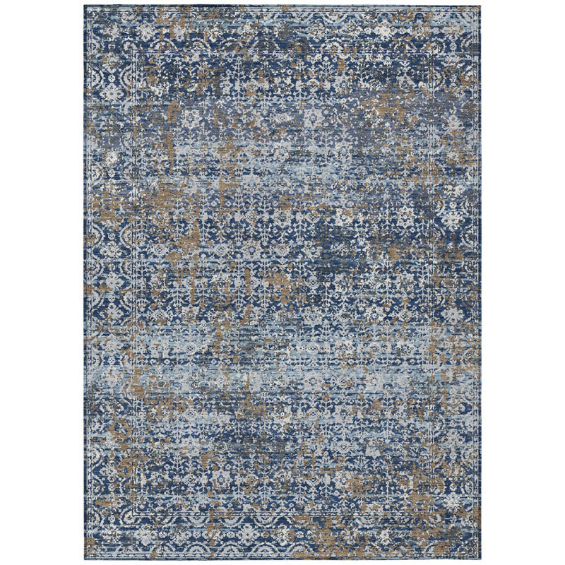 Rectangular navy and blue abstract washable area rug with ornate distressed pattern