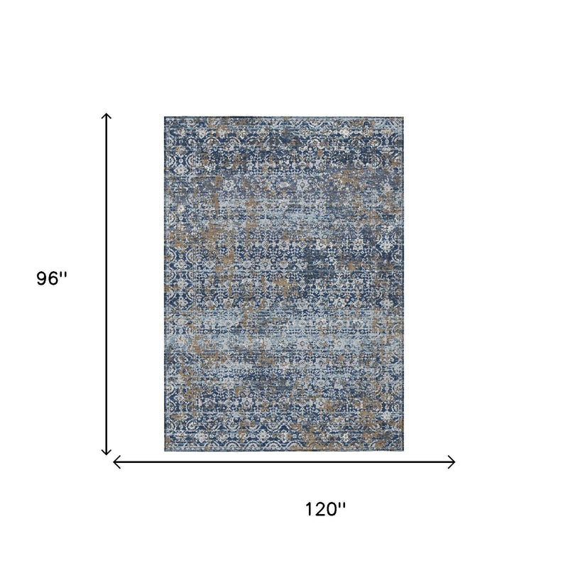 Navy and blue abstract rectangular area rug with size dimensions shown