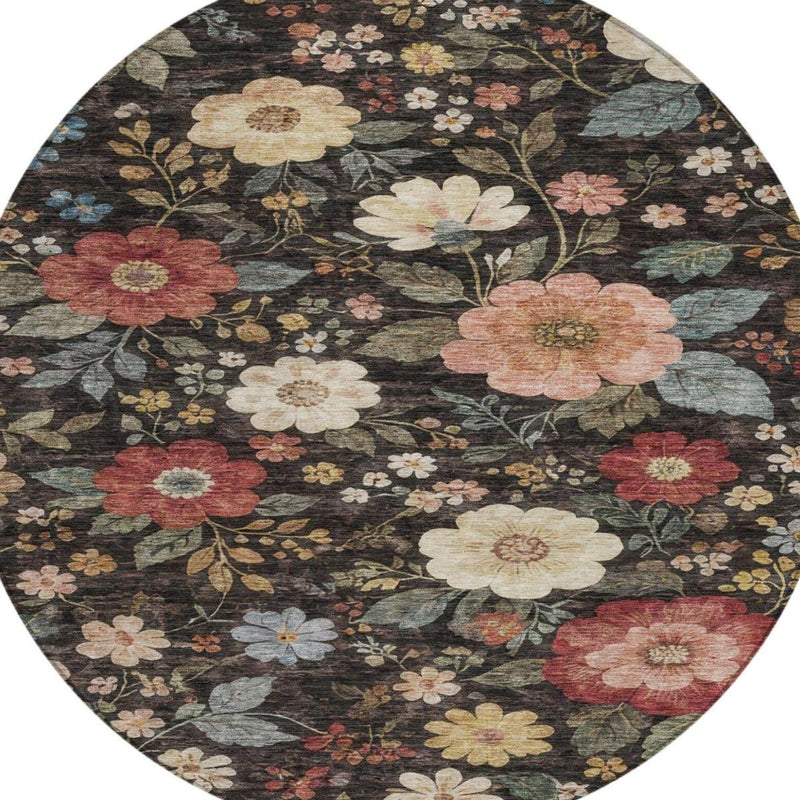 Round dark floral area rug with cream, red, blue, and green blossoms