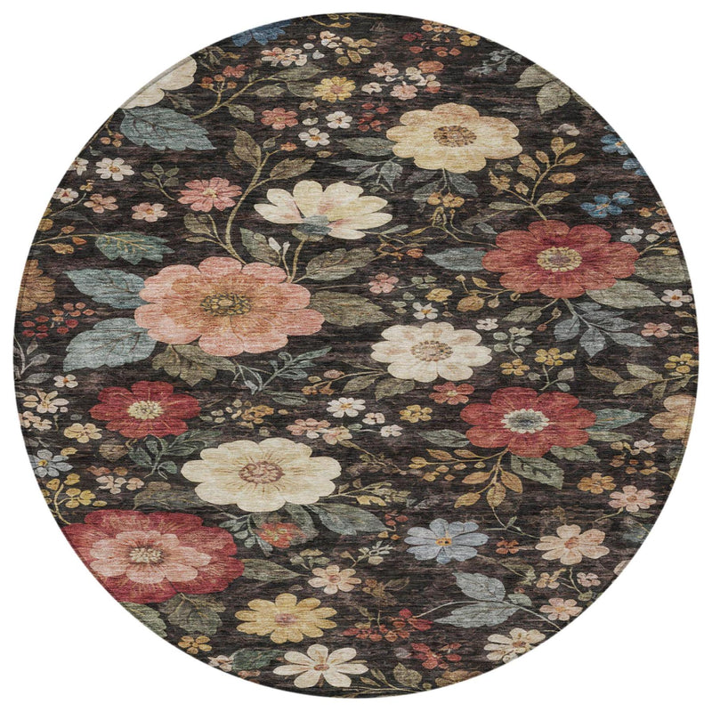Round dark rug featuring scattered pastel and muted floral bouquets