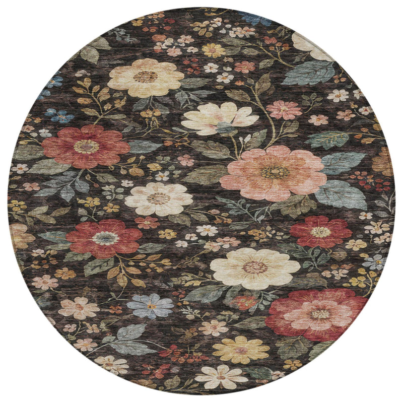 Round dark area rug with multicolor floral design and botanical linework
