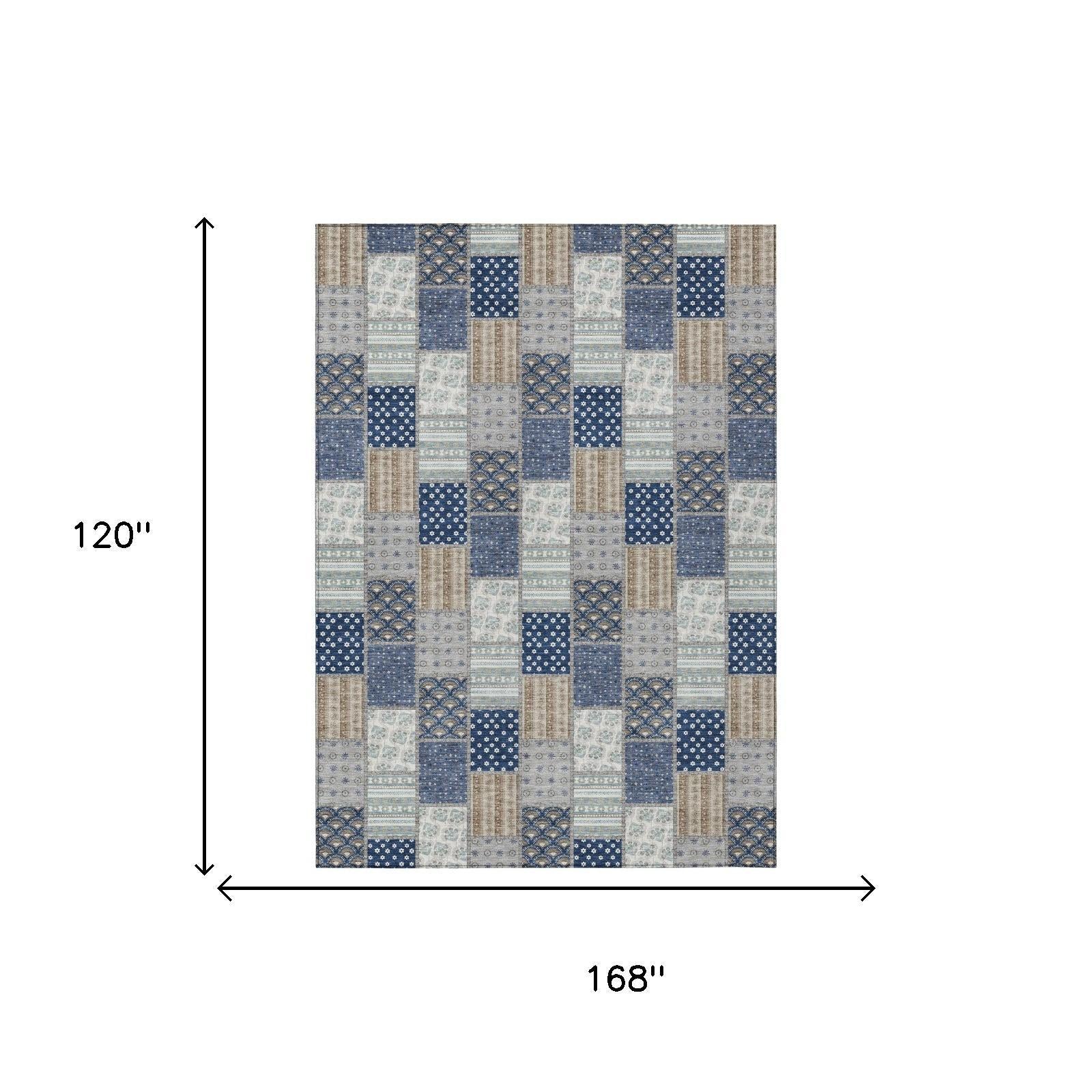10' X 14' Navy Blue And Blue Patchwork Washable Indoor Outdoor Area Rug - Sports & Outdoor