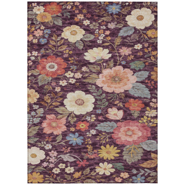 Plum purple floral area rug with multicolor blossoms and leafy vines, rectangular