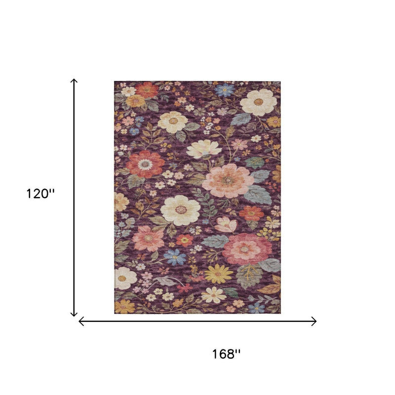Plum purple floral area rug sized 120 x 168 inches shown on a white backdrop