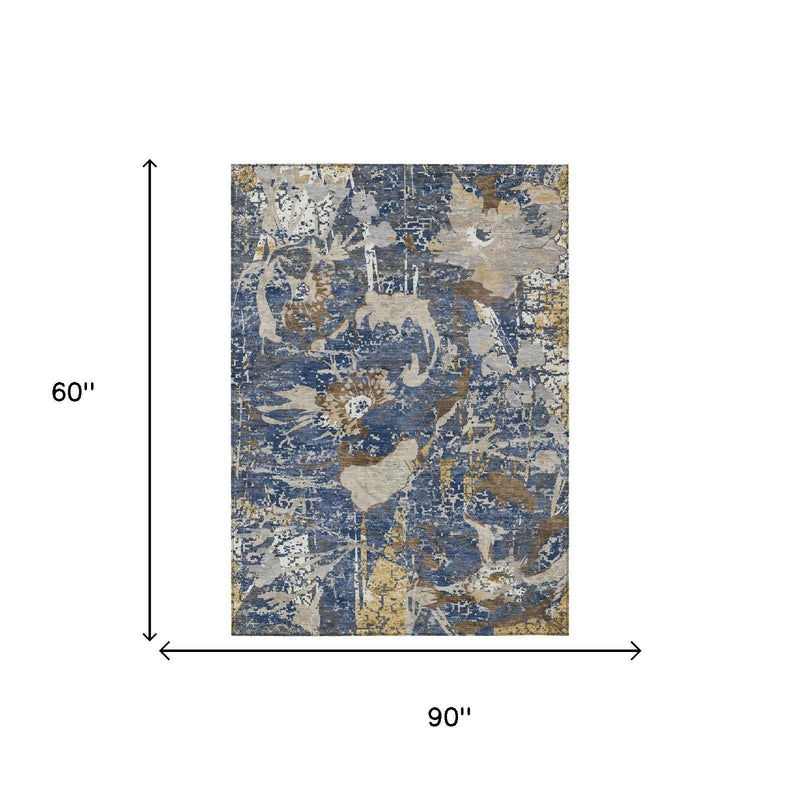 Rectangular blue and beige abstract area rug with 60 by 90 inch size
