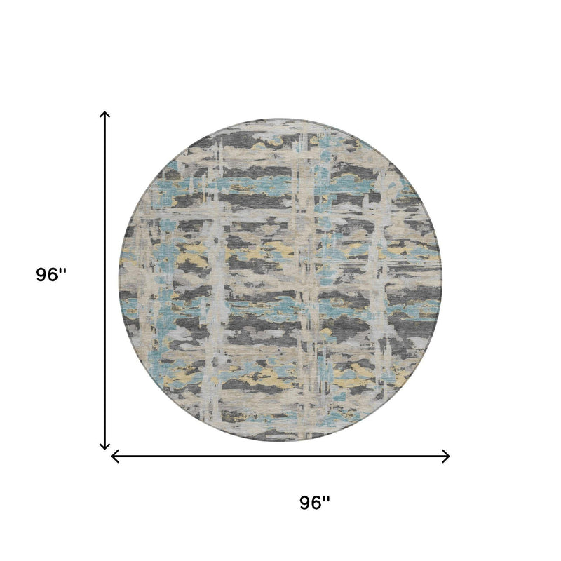 Round abstract area rug, 96 in diameter, gray and light blue distressed design