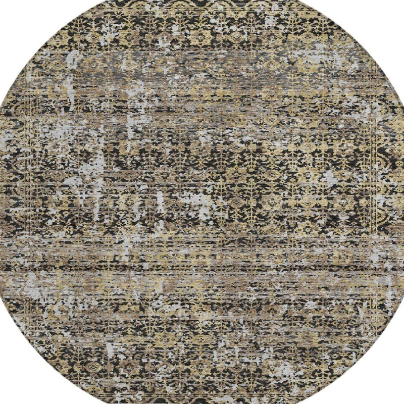 Round abstract area rug with distressed horizontal lines and speckled motif