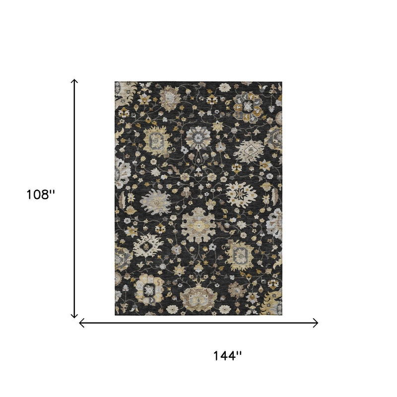 Black and graphite floral area rug shown with rectangular dimensions and border pattern