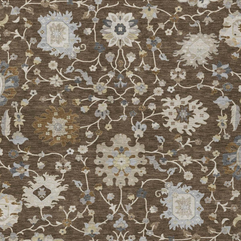 Chocolate-brown floral rug close-up with cream blossoms, light blue accents, and ornate vines