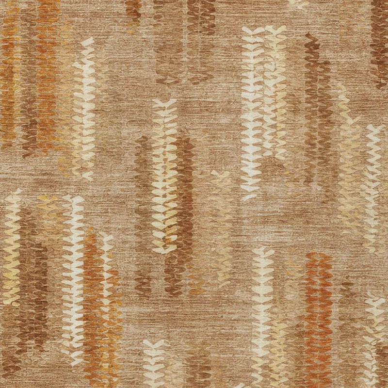 Close-up abstract area rug texture with cream zigzag and copper orange vertical stripes