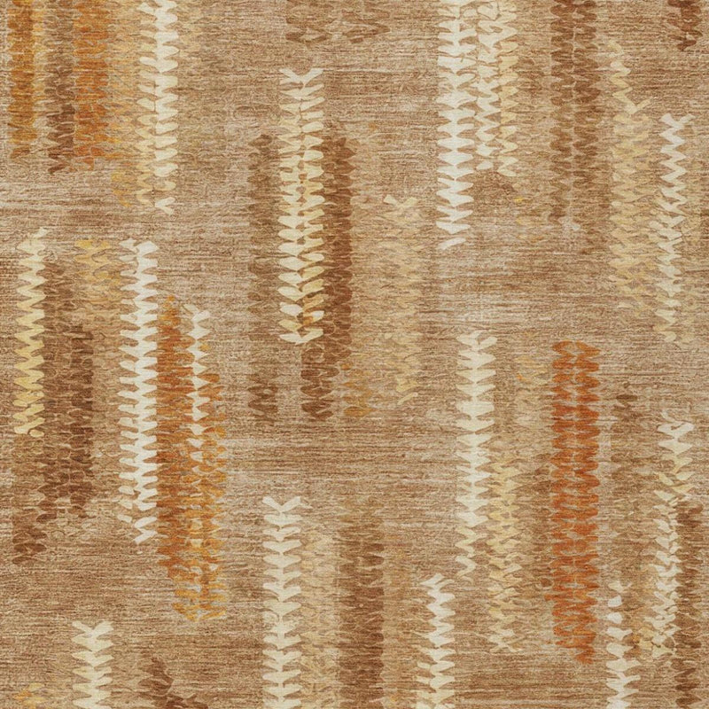 Abstract indoor outdoor area rug, tan base with copper and orange vertical stripe details