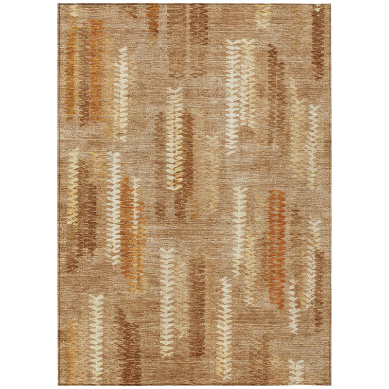 Rectangular abstract area rug with copper and orange stripes on a tan, distressed background