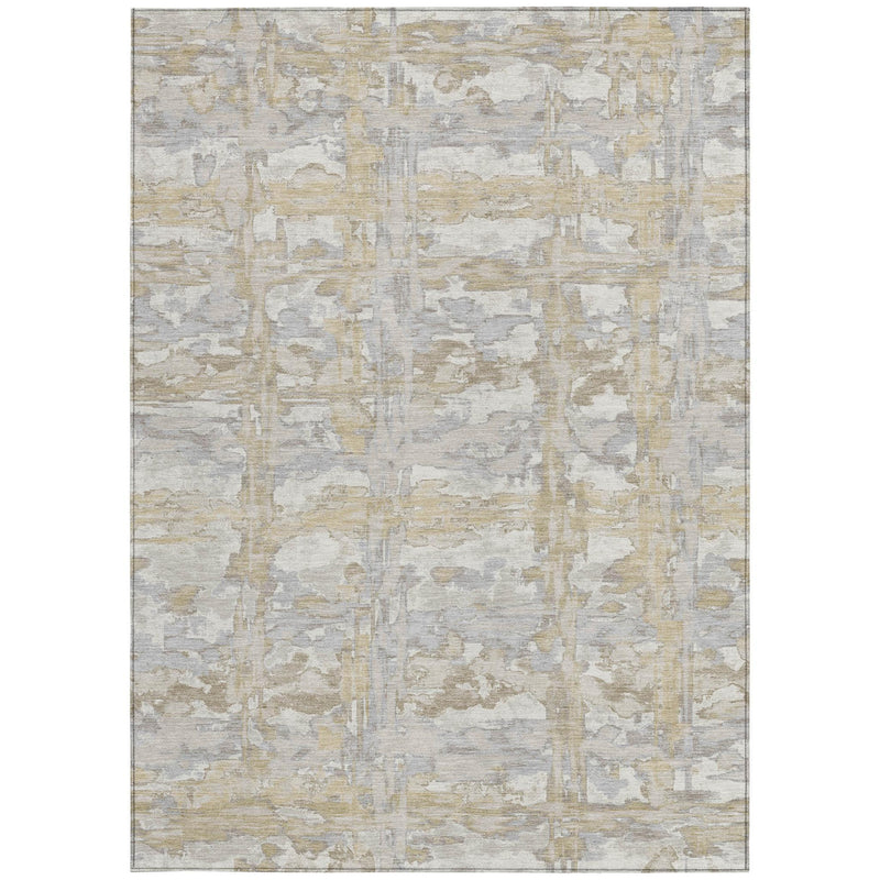 Ivory and silver abstract rectangular area rug with distressed block patch pattern.