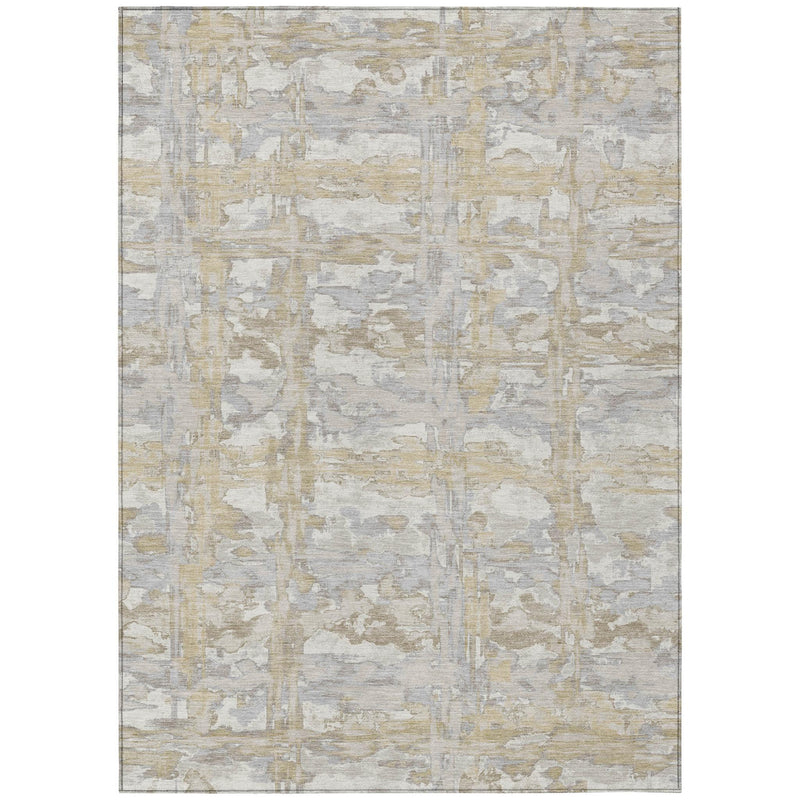 Ivory and silver abstract area rug with subtle border and distressed patchwork design.