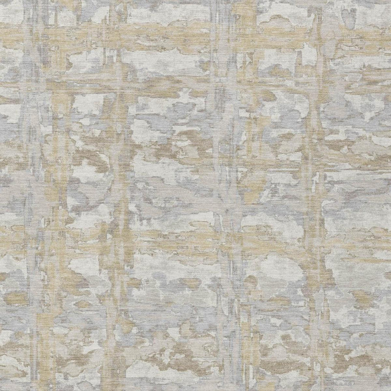 Medium close-up of ivory and silver abstract rug with layered distressed shapes.