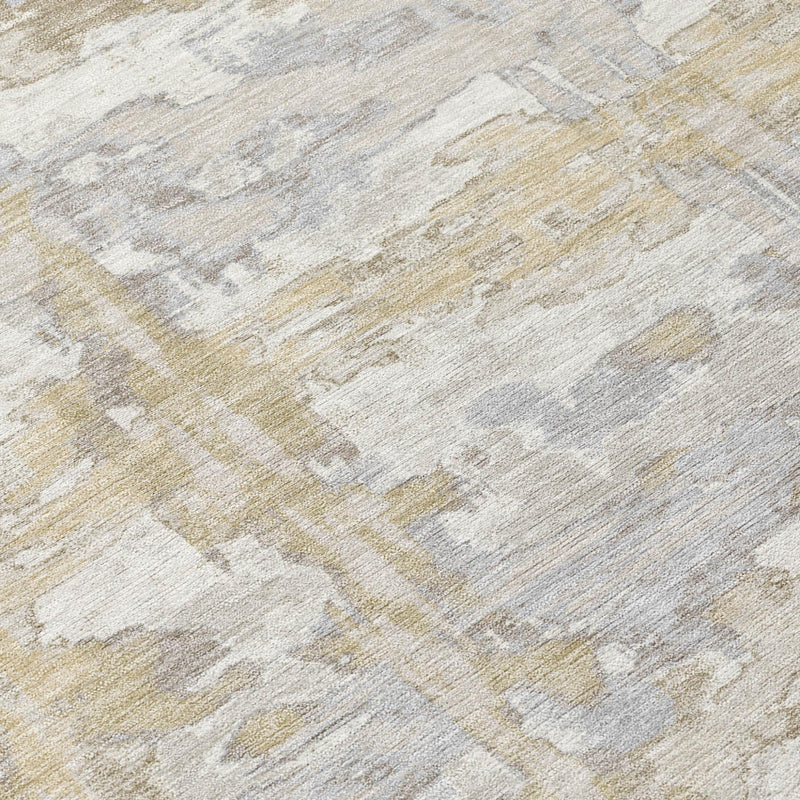 Close-up of ivory and silver abstract rug texture with distressed brush-mark details.