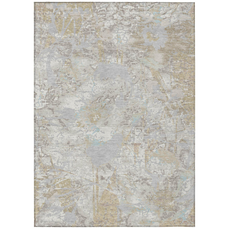 Full view indoor outdoor area rug in ivory and silver distressed abstract pattern