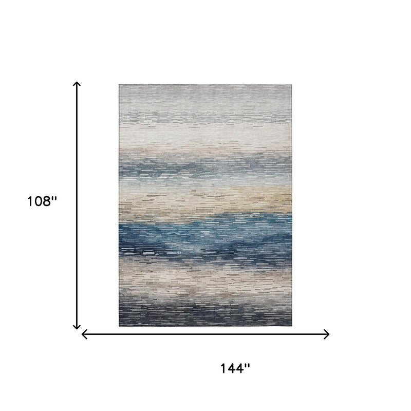 Blue and cream striped area rug, 9 ft x 12 ft size diagram