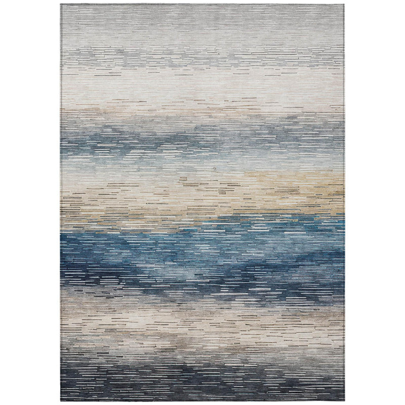 Linen-look area rug with layered horizontal stripes in blue, cream, and gray