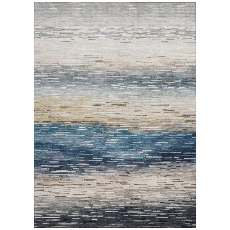 Rectangular striped area rug featuring blue, beige, and gray horizontal bands