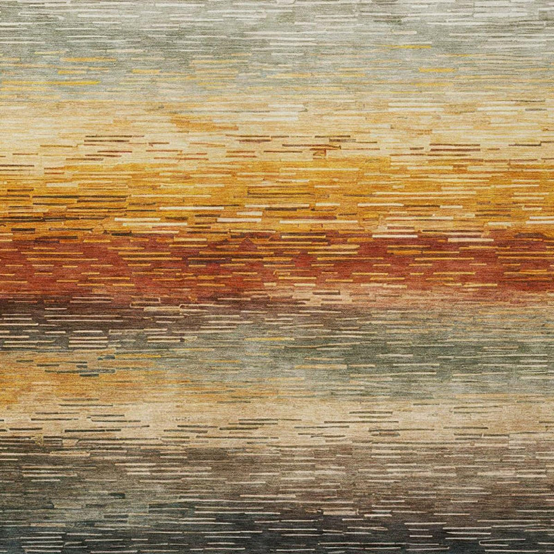 Close-up of textured horizontal stripe area rug with green, beige, and rust tones