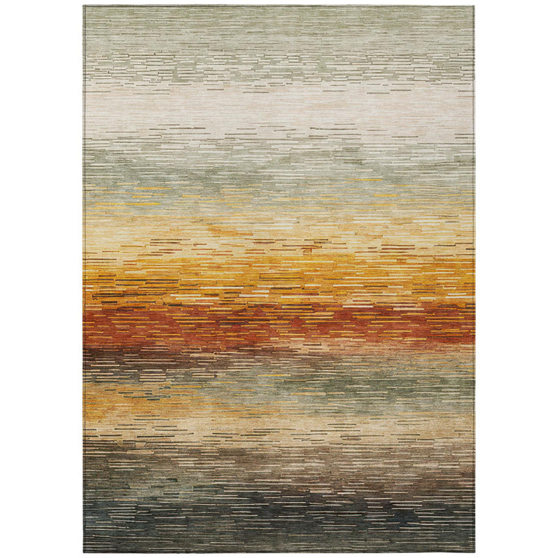 Striped area rug with textured bands in green, beige, tan, and charcoal tones