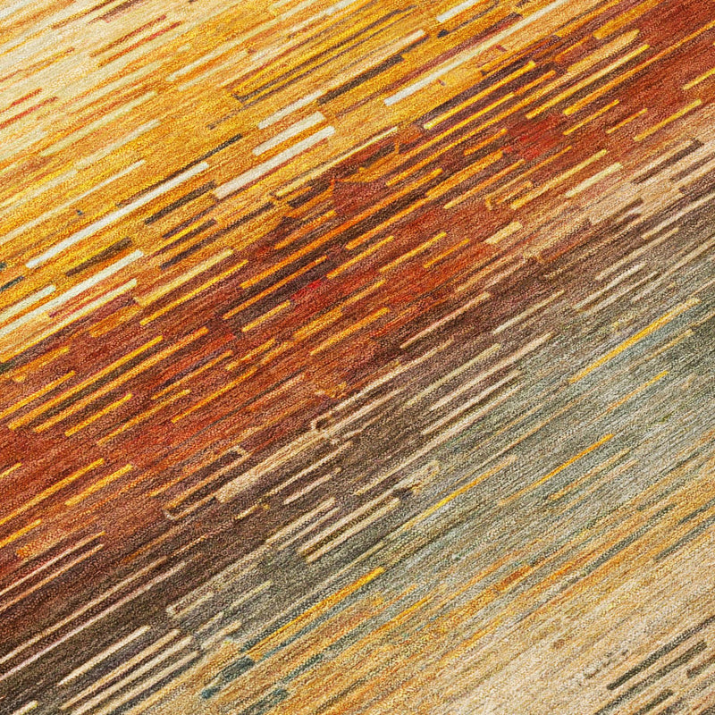 Textured multicolor stripe rug detail with orange, tan, and gray horizontal strokes