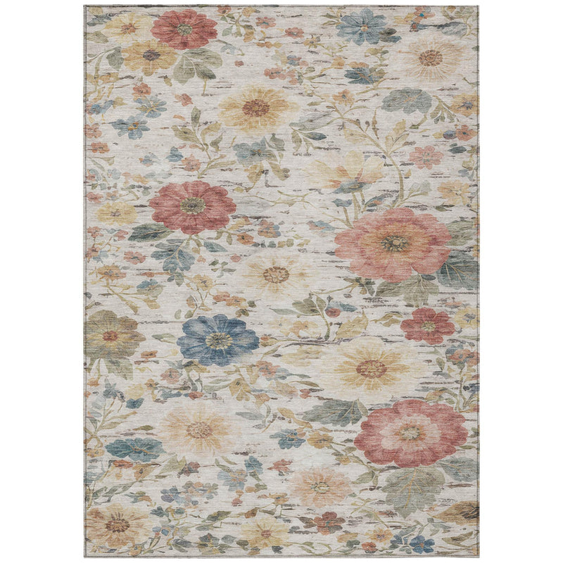 Ivory floral area rug with large red and blue flowers and leafy vines