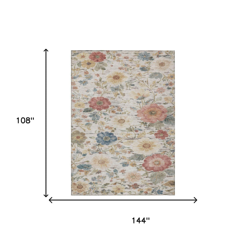Ivory floral area rug diagram with multi-color blooms; 144 x 108 in measurement labels