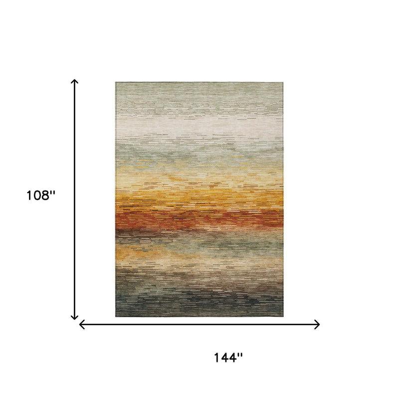 Rectangular area rug with horizontal green, beige, and rust striped design