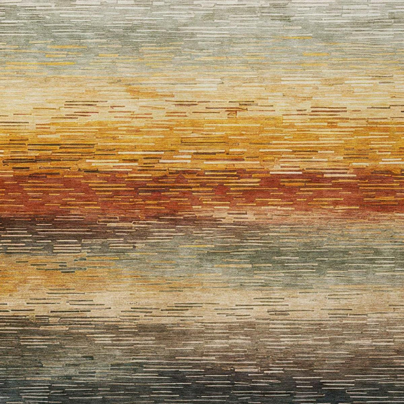 Close-up of green and beige horizontal striped area rug with textured weave