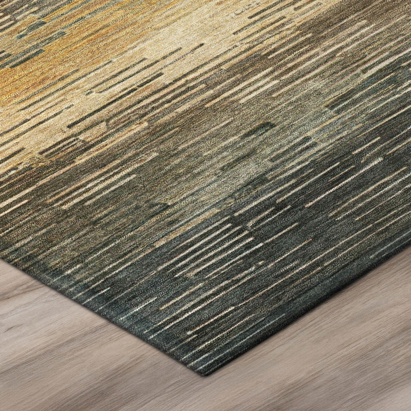 Corner view of rectangular area rug with green, beige, and gray horizontal stripes