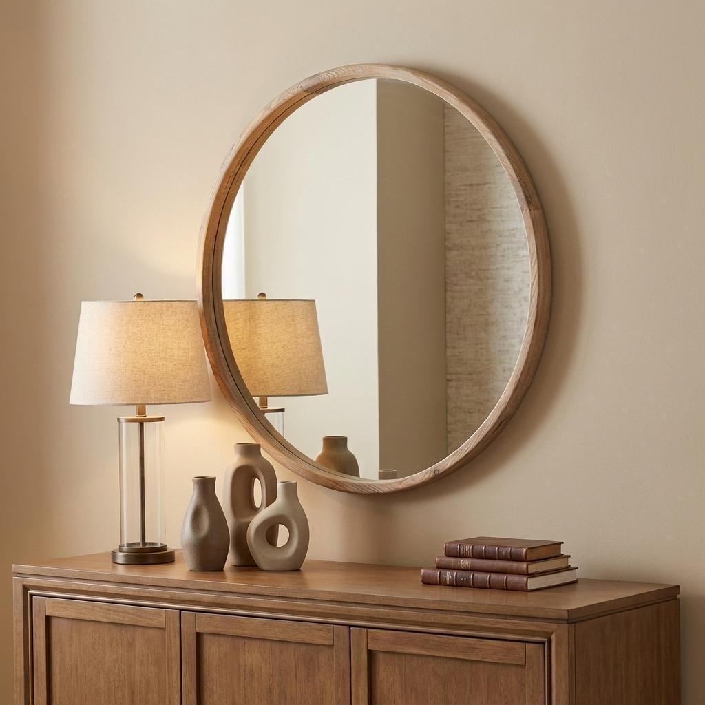 28" Brown Solid Wood Round Framed Accent Mirror - Bed & Bath