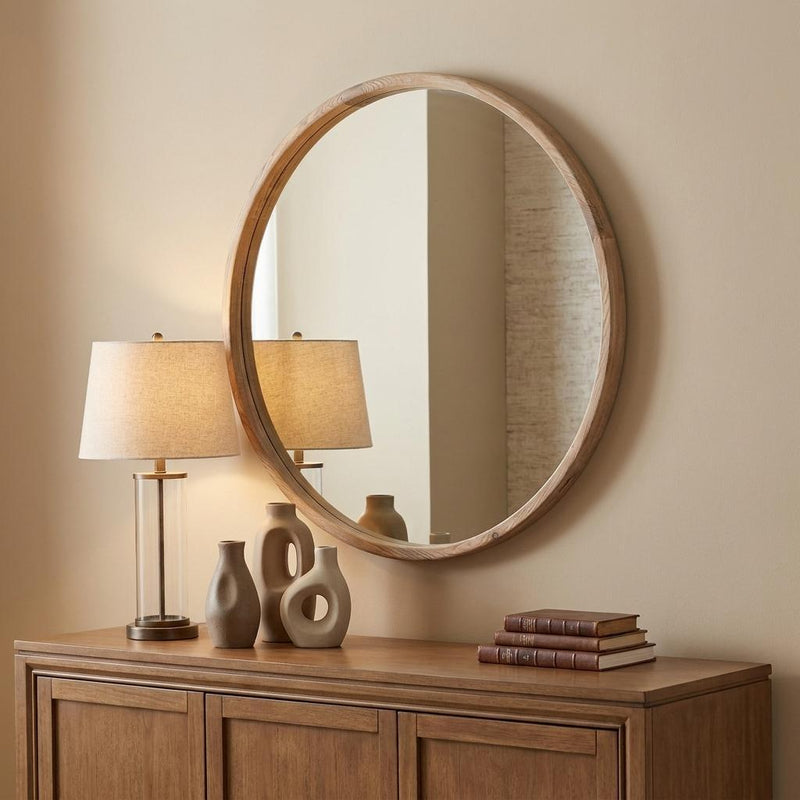 28" Brown Solid Wood Round Framed Accent Mirror - Bed & Bath