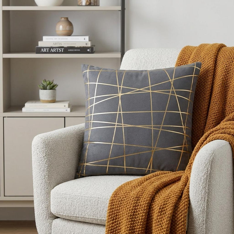 20" Gray and Gold Abstract Linework Cotton Throw Pillow - Home Decor