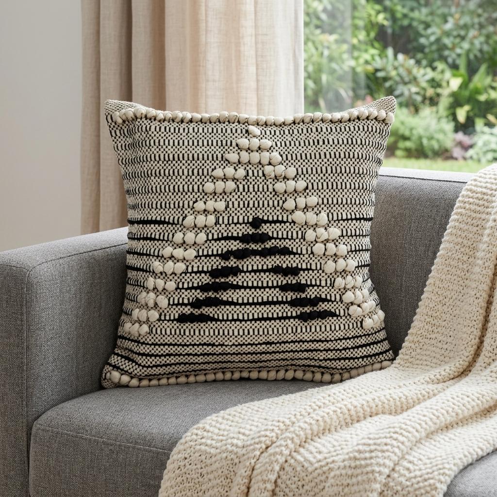 18" Beige and Black Cotton Throw Pillow With Embroidery - Home & Garden