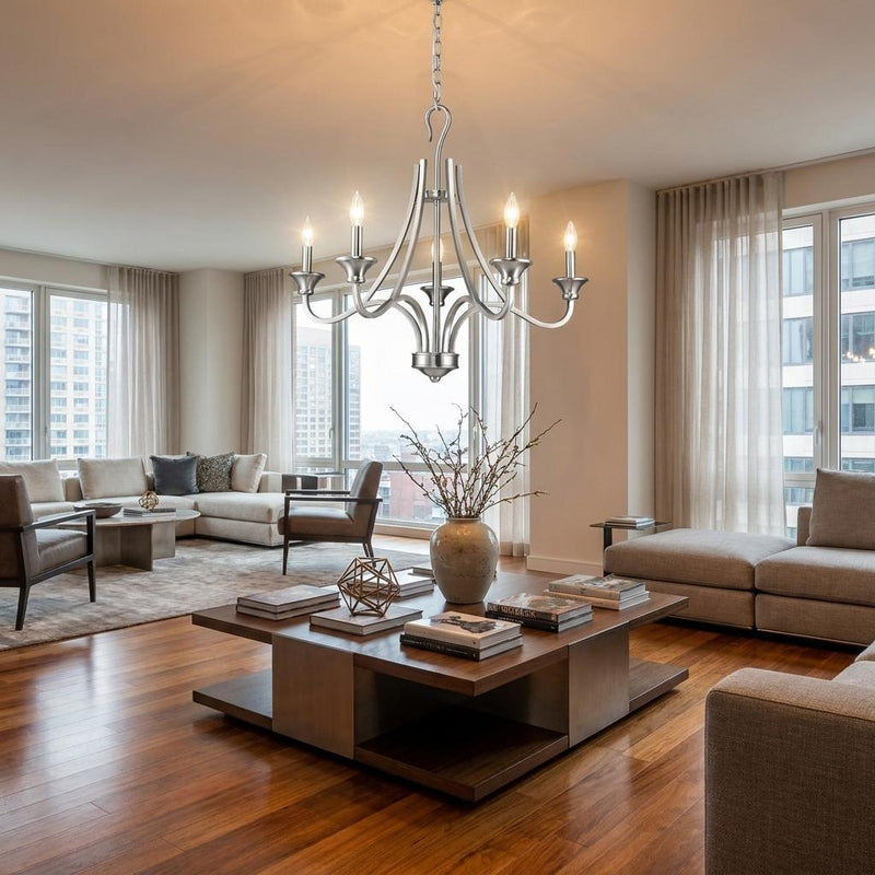 Silver Candle Style Five Light Metal Dimmable Chandelier - Lighting
