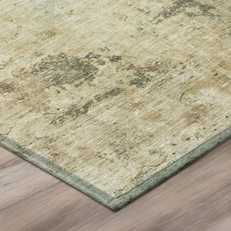 Rectangular area rug corner with muted green edge and beige abstract distressed pattern