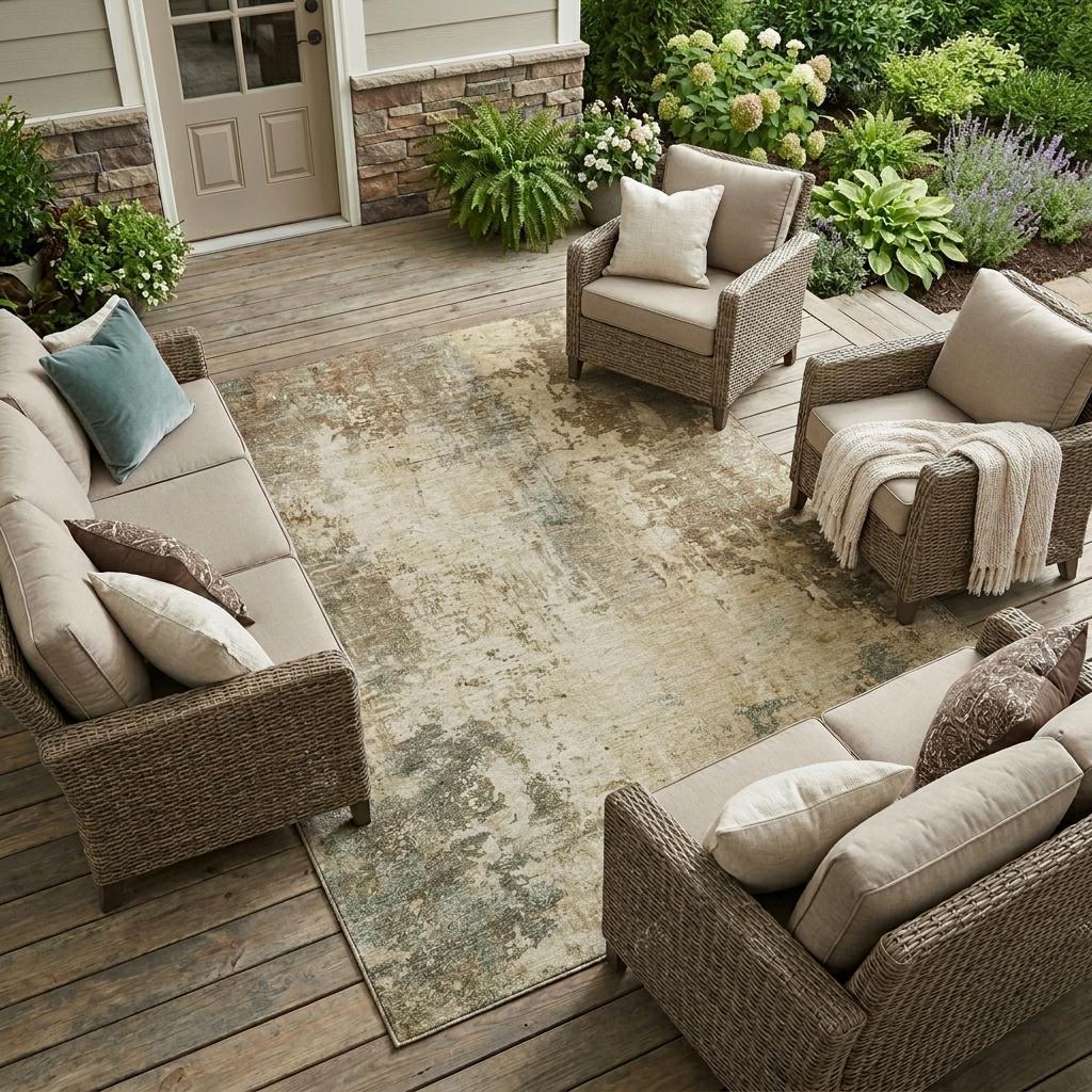Beige and olive abstract wash area rug, rectangular, for indoor or outdoor use