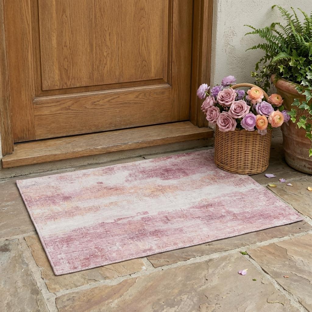 3' X 5' Pink And Tan Abstract Washable Indoor Outdoor Area Rug - Sports & Outdoor