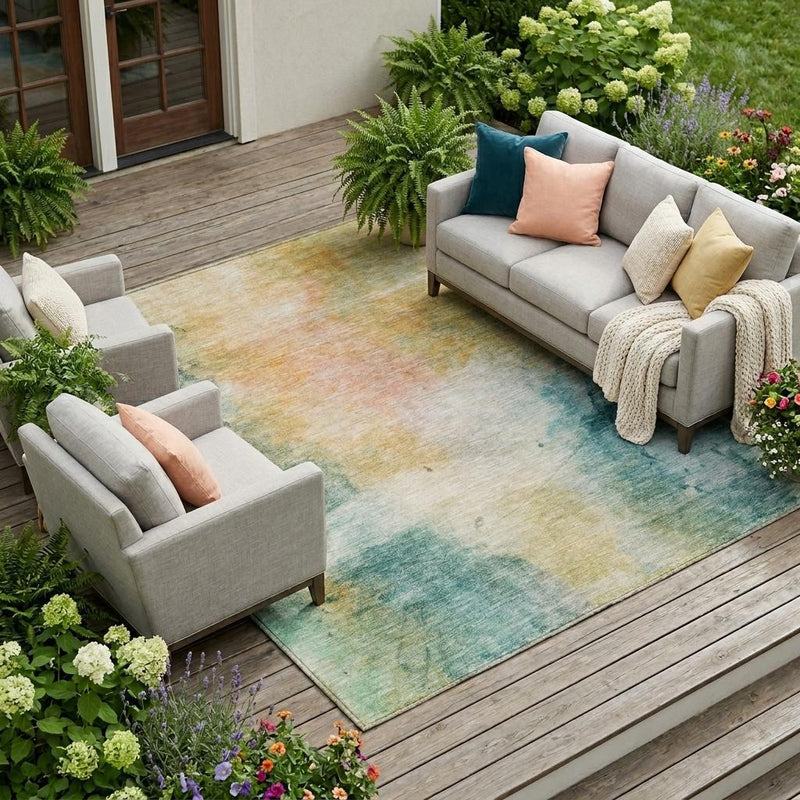 Indoor/outdoor area rug with teal, peach and cream abstract wash pattern on patio