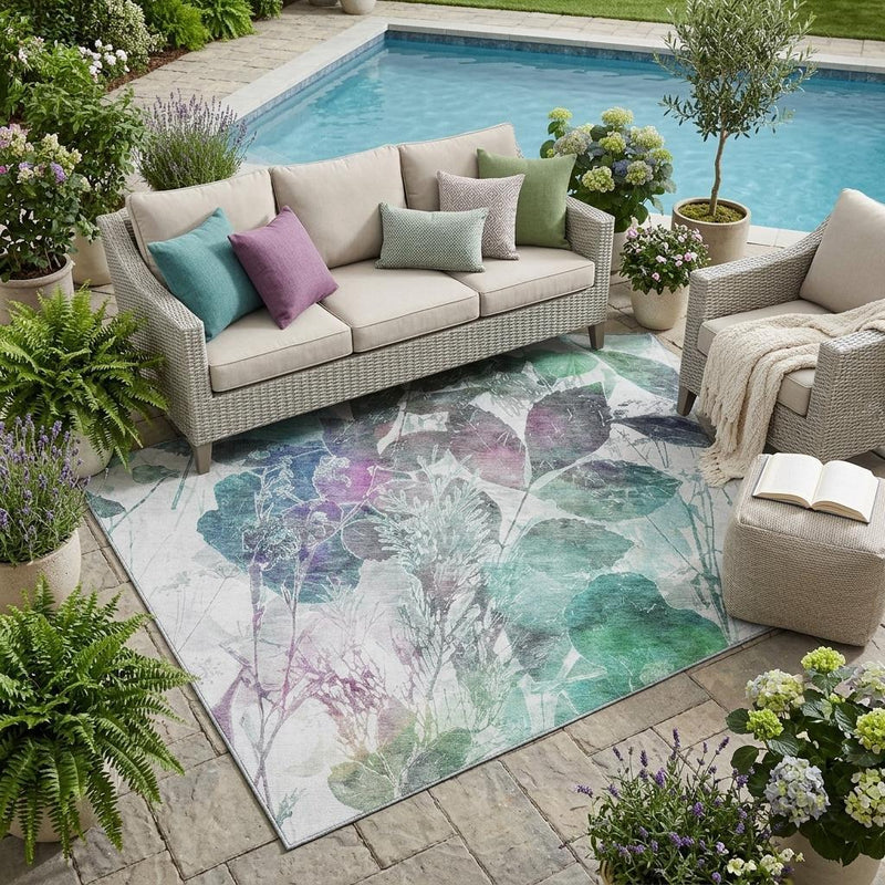 Botanical leaf area rug with teal and silver foliage design, purple accents, light background